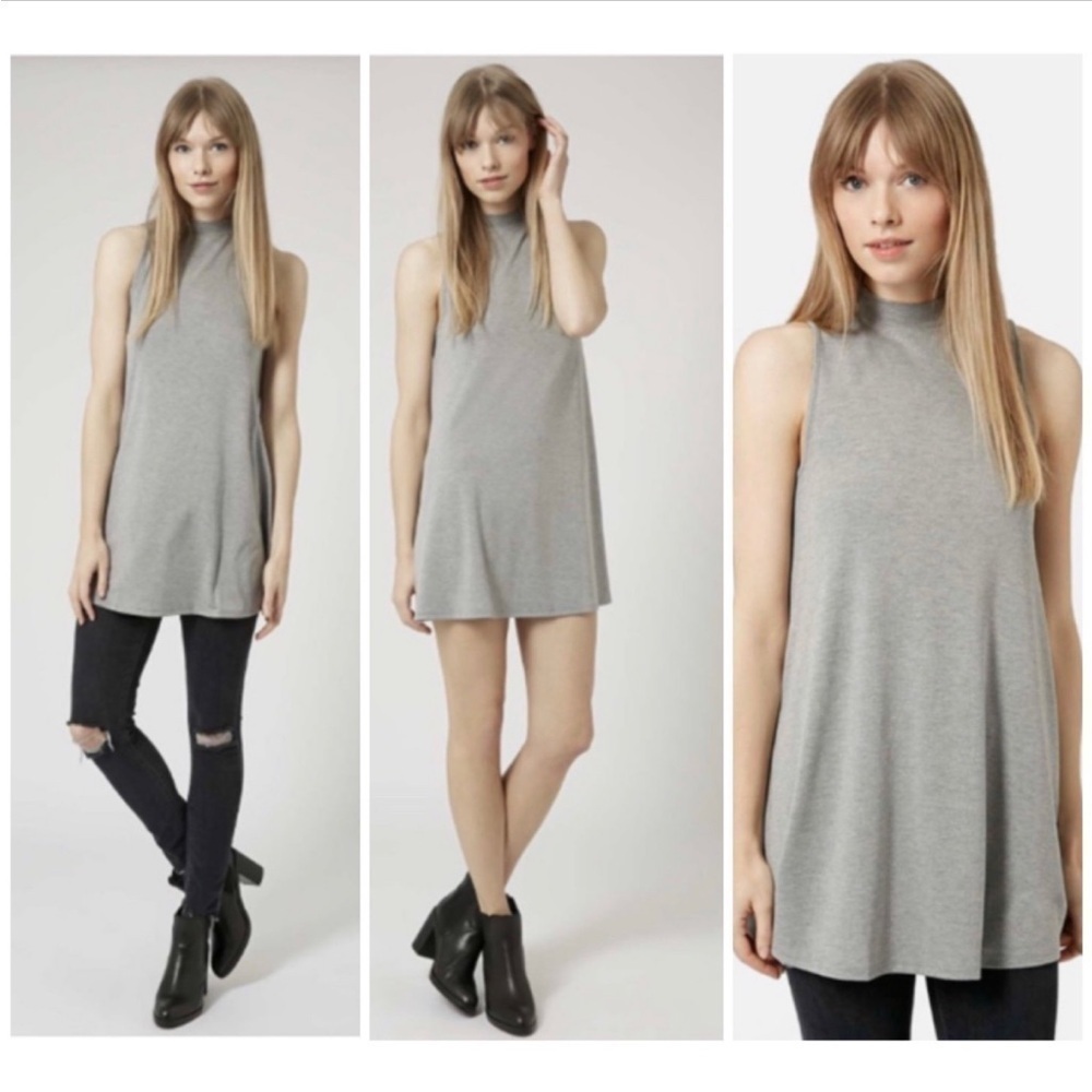 Topshop Grey High Neck Sleeveless Tunic Mini Dress Stretch Size 12